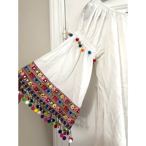 STELLAH Off-Shoulder Pom Pom Mini Dress Tunic Festival Boho Multicolor - Small - Picture 3 of 5